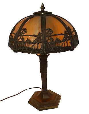 #ad Antique Art Nouveau Arts amp; Crafts Slag Glass Scenic Panel Table Lamp $675.00