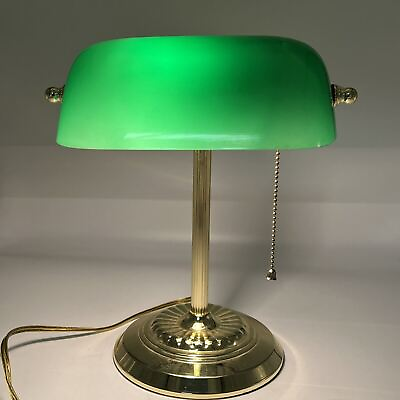 #ad Vintage Bankers Desk Lamp Green Glass Shade Library Light Brass Tone $39.99