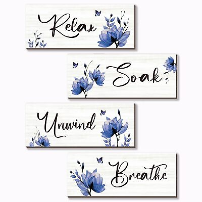 #ad Set of 4 Blue Bathroom Decor With Navy Blue Flower Wall Decor Inspire Relax S... $17.24
