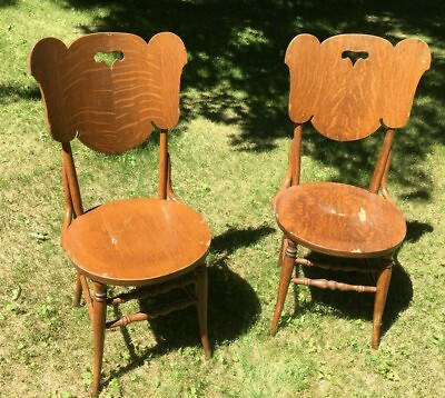 #ad **Vintage ANTIQUE DINING CHAIRS FLAMED MAPLE SCROLL CUT ROUND SEAT PAIR SLAB $175.00