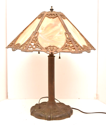 #ad Antique Art Nouveau Victorian 6 Panel Marbled Slag Stained Glass Table Lamp 20quot; $475.70