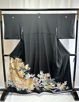 #ad Vintage Japanese Silk kimono Kuro tomesode with Beautiful motifs $100.00