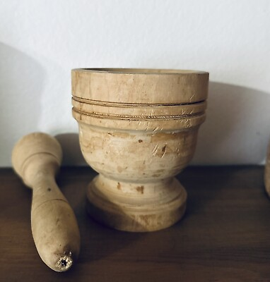 #ad Vintage Italian Wooden Mortar amp; Pestle Set Italy Natural Solid Wood $47.45