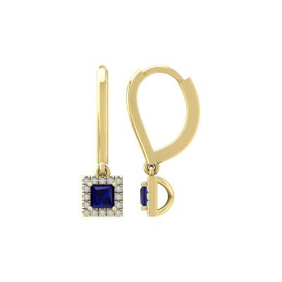 #ad 10K Yellow Gold Round Natural Diamond amp; Blue Sapphire Drop Dangle Earrings $327.99