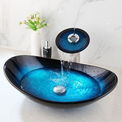 #ad Oval Blue Bathroom Tempered Glass Vessel Sink Faucet amp; Chrome Drain Combo $129.99