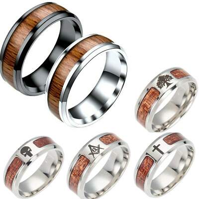 #ad Men Women Stainless Steel Inlaid Wood Band Ring Wooden Wedding Jewelry Gift C $3.59