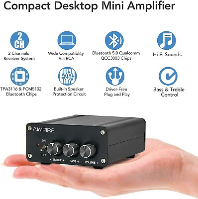 #ad Bluetooth 5.0 Hi Fi Stereo Audio Receiver Power Amplifier 2 Channel Home Amp $47.49
