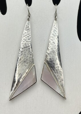 #ad Sterling Silver 925 Long 3 In Geometric Triangle Earrings Pink Mother Of Pearl $54.00