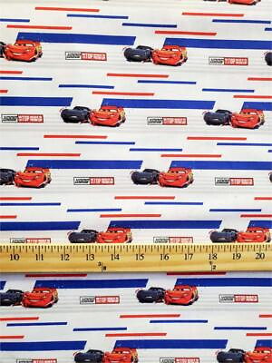 #ad 100% Cotton Fabric Disney#x27;s CARS WhiteRed Blue TOP RACERS 45quot; Wide SBY $14.90