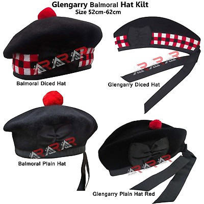 #ad Men#x27;s Scottish Glengarry Kilt Hats Diced amp; Plain 100% Wool Piper 52 62 AAR $19.90