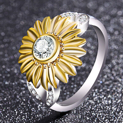 #ad Women Sunflower Silver Gold Ring Promise Wedding Finger Decor Sweet Jewelry Gift $5.39