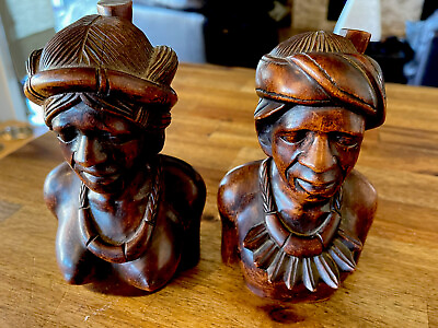 #ad Vintage Balinese Tribal Figural Carved Mahogany Bust PAIR Wooden Wood $44.99