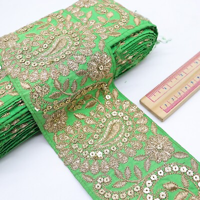 #ad 2Y Golden Paisley Embroidered Green Trim Decorative Sewing Ribbon DIY Craft Lace $12.99