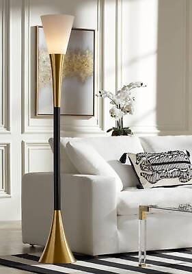 #ad Piazza Modern Torchiere Floor Lamp 72 1 2quot; Tall Black Brass Living Room Bedroom $249.95