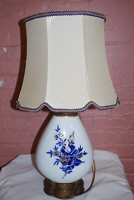 #ad LP1 Vintage White Art Glass amp; Cobalt Blue Flowers Table Lamp amp; Shade Brass Base $75.00