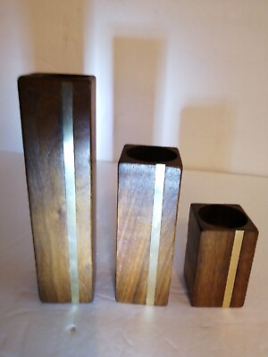 #ad VTG Mid Century Modern Wood Candle Holders Brass Inlay 7quot;5quot;3quot; Set Of 3 Holder C $30.00