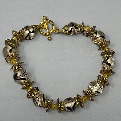 #ad Glass Bead Bracelet Brown Swirl Copper Glitter Gold Tone End Caps Toggle 6.75quot; $12.79