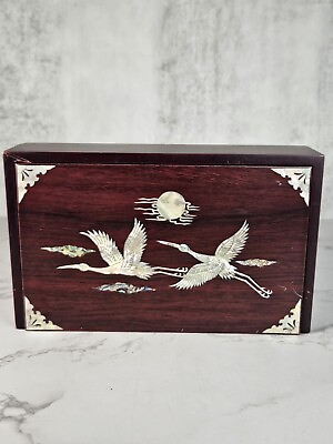 #ad Vintage Mother of Pearl Inlay Bird Wooden Jewelry Desk Box With Red Felt $30.00