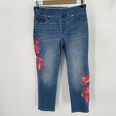 #ad Chicos Jeans Embroidered Palms Pull On Crop 00 US 2 Denim Stretch Skinny NEW $99.95