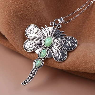 #ad Green Opal Dragonfly Filigree Pendant Necklace Silver $12.94