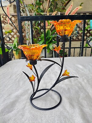 #ad Amber Glass and Metal Candlestick Holders $29.00