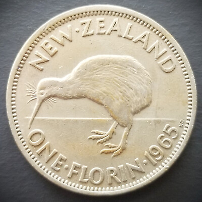 #ad New Zealand 1965 One 1 Florin Coin KM# 28.1 Kiwi bird Elizabeth II $4.99