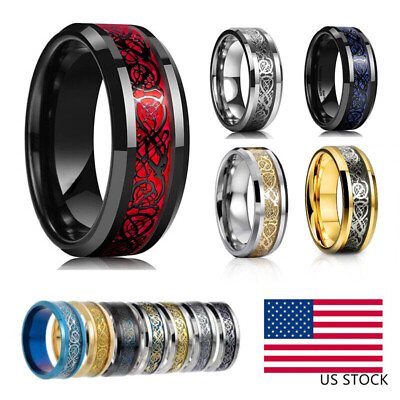 #ad Men Women Gold Plated Blue Black Red Stainless Steel Celtic Dragon Band Ring 8mm $7.90