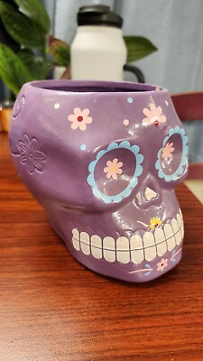 #ad PURPLE Ceramic flower plant pot Calavera Dia de los Muertos $25.35