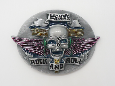 #ad I Wanna Rock n Roll Belt Buckle American Vintage Silver Skull Buckle $8.99