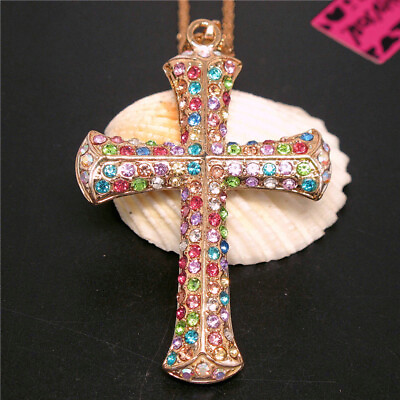 #ad New Colorful Rhinestone Cross Crystal Pendant Fashion Women Chain Necklace $3.86