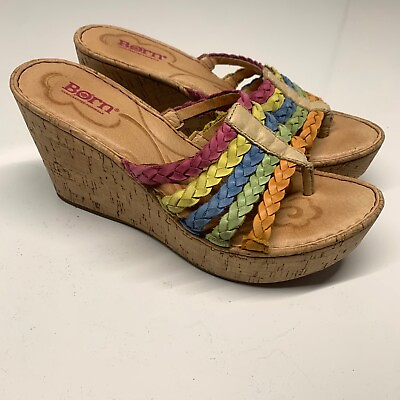 #ad BOC Born Colorful Leather Cork Wedge Slide Strappy Sandals Womens Size 8 39 $29.30