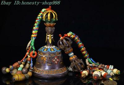 #ad 7.8quot; Tibetan Buddhism bronze painted gem Bell Zhong Vajra Phurpa Dorje FaQi Set $249.90
