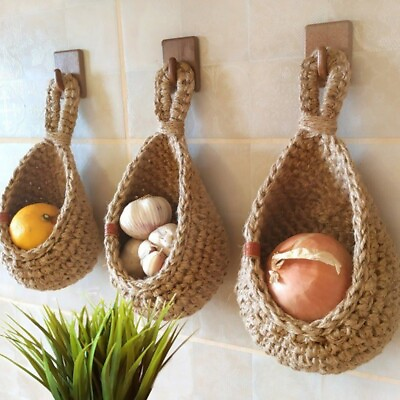 #ad Vegetable Fruit Basket Jute Hanging Storage Pouch Bag Wall Organizer Kitchen $16.99