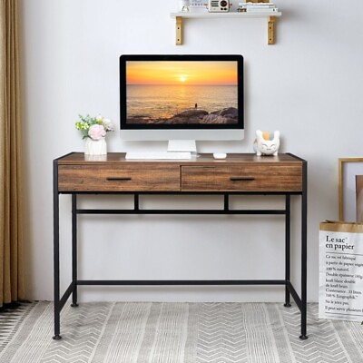 #ad Retro Wood Table Top Black Steel Frame Particle Board Two Drawers Computer Desk $106.65