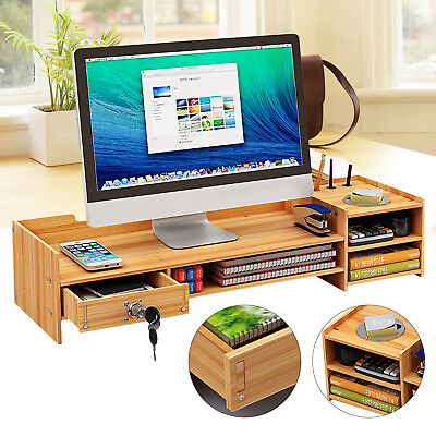 #ad Wood Desk Organizer Home Office Desktop Storage Drawer Computer Holder Lock $30.92