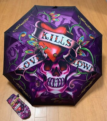 #ad Ed Hardy one touch folding umbrella rain or shine total pattern new and unuse $200.00