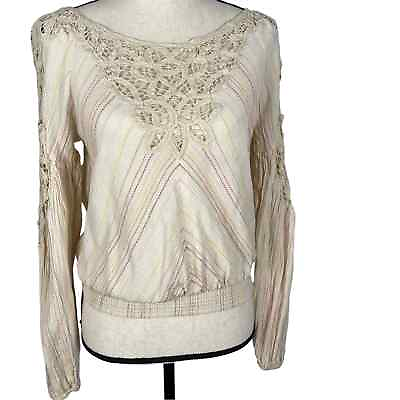 #ad Free People Floating Memories Blouse Womens Beige Cotton Eyelet Pullover Top Sm $40.67