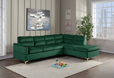 #ad NEW 109quot; Modern Green Velvet Fabric Contemporary Sectional w Gold Metal Legs $1099.99
