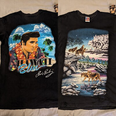 #ad Rare VTG Factory Test Print Shirt Elvis Blue Hawaii Back Wolf Nature Front Sz L $250.00