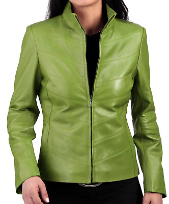 #ad Women Leather Jacket Genuine Lambskin Stylish Moto Bomber Biker Outerwear Green $159.00