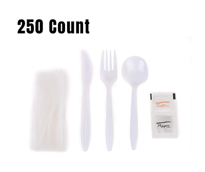 #ad 250 Pack Wrapped Cutlery Kit 6 in 1 Fork Spoon Knife Napkin Salt Pepper $40.95