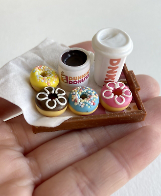#ad Miniature Dollhouse Handmade Dunkin’ Donuts With Tray 7 PCs Set Doughnuts $8.99