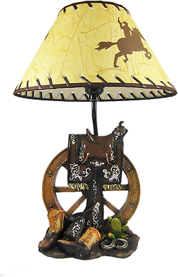 #ad Western Saddle Resin Table Lamp with Beige Cowboy Print Shade Bedroom Brown $134.76