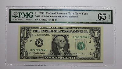 #ad $1 1999 Fancy Serial Number Federal Reserve Bank Note Bill UNC65 PMG #24222244 $94.99