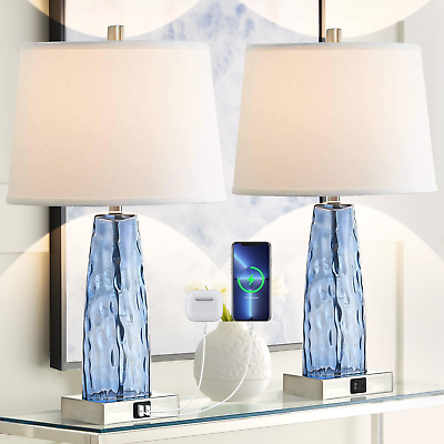 #ad LOKHOM Glass Table Lamps Set of 2 22quot; Modern Table Lamp with USB amp; Type C Blue $109.24