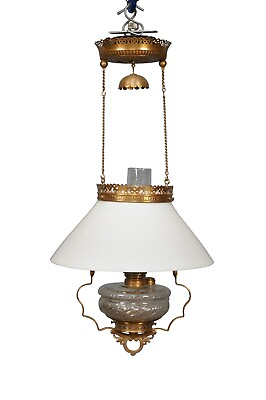#ad Antique Victorian Brass Milk Glass Hanging Oil Lamp Chandelier Pendant Light $490.00