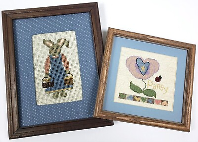#ad Rabbit Pansy Ladybug Vtg Cross Stitch Lot Of 2 Finished Framed Needlework $18.59