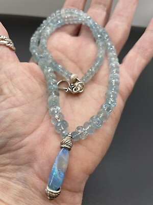 #ad 17” Graduated Natrual Faceted Aqua Bead Necklace With Austrailian Opal Pendant $289.00