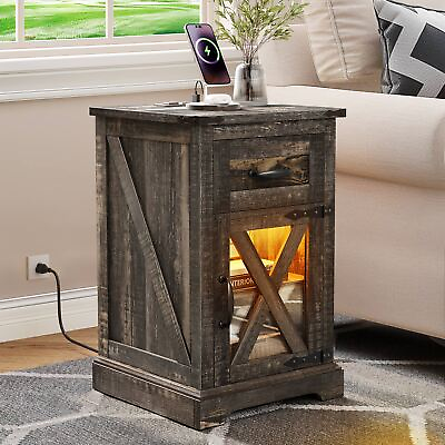 #ad Farmhouse Nightstand with Charging Station Bedside Sofa End Table w LED Lights $152.99