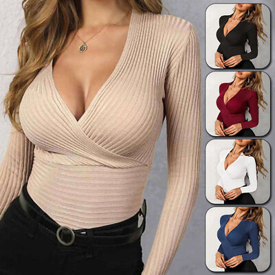 #ad Sexy Women#x27;s Low Cut V Neck Slim Fit Blouse Long Sleeve Cross Front T Shirt Tops $14.59
